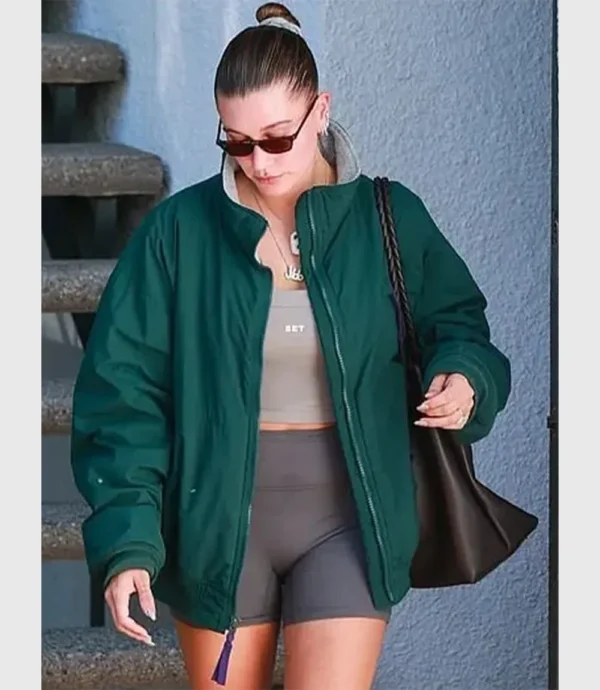 Hailey Bieber Pilates Class Bomber Jacket Green