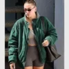 Hailey Bieber Pilates Class Green Bomber Jacket