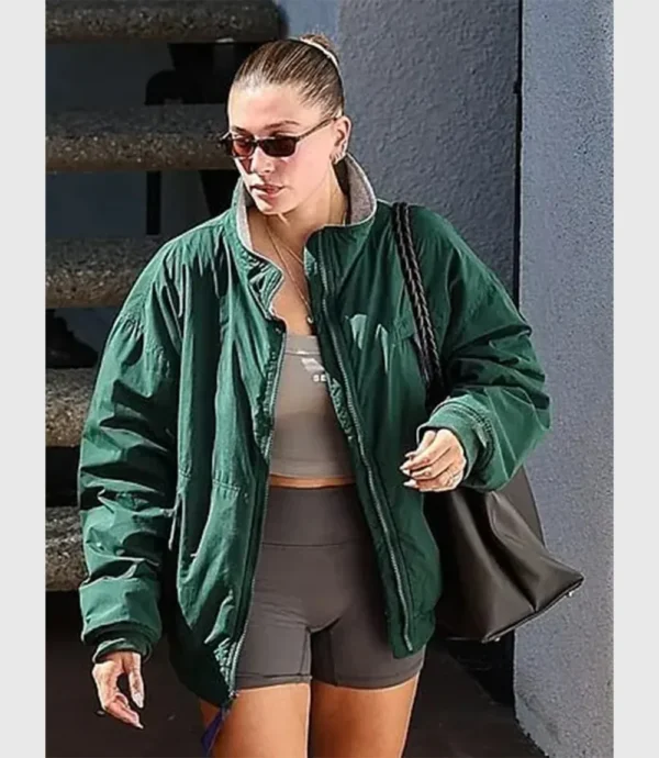 Hailey Bieber Pilates Class Green Bomber Jacket