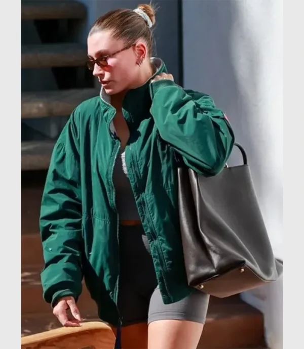 Hailey Bieber Pilates Class Bomber Green Jacket