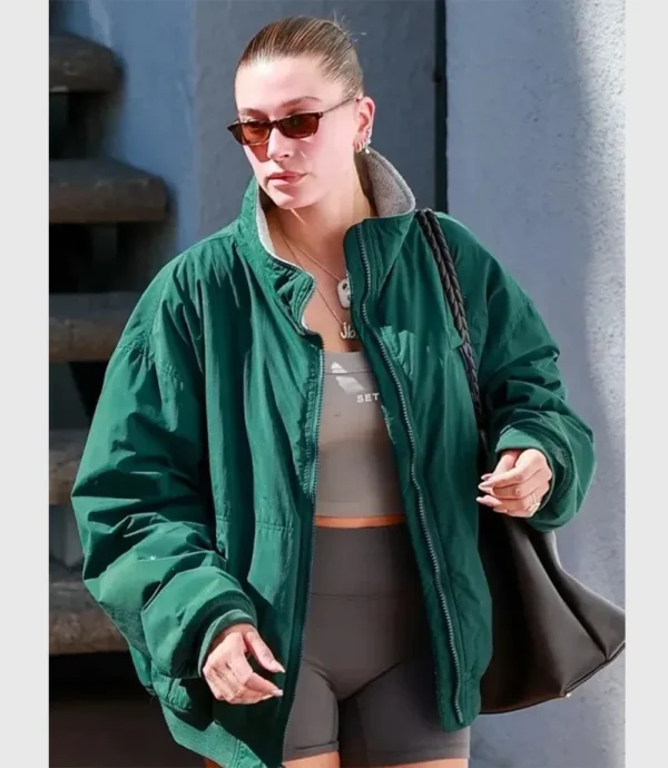 Hailey Bieber LA Pilates Class Green Zip-up Bomber Jacket