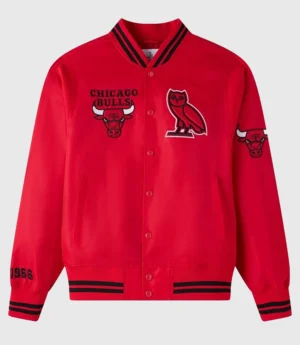 October’s Very Own NBA Chicago Bulls Satin Varsity Jacket – Red