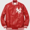 Unisex Red Supreme Yankees Leather Jacket