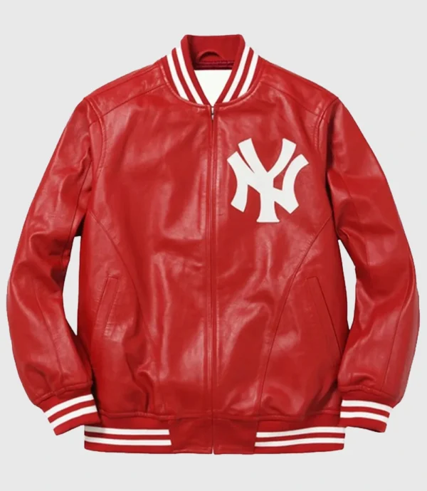 Unisex Red Supreme Yankees Leather Jacket