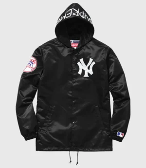 Supreme NY Yankees Black Hooded Satin Jacket For Sale