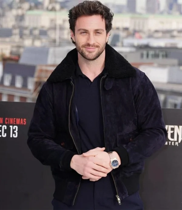 Aaron Taylor-Johnson Suede Aviator Shearling Bomber Jacket