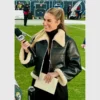 Erin Andrews Cropped Black Shearling Faux Fur Leather Jacket