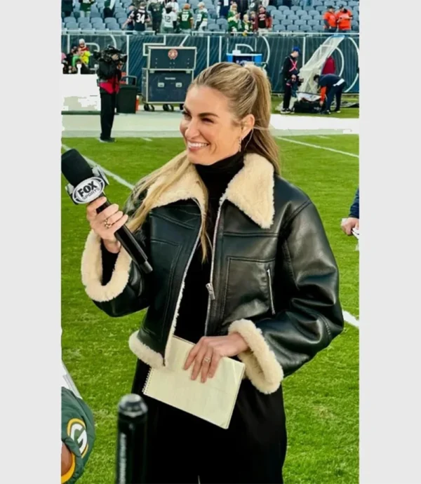 Erin Andrews Cropped Black Shearling Faux Fur Leather Jacket