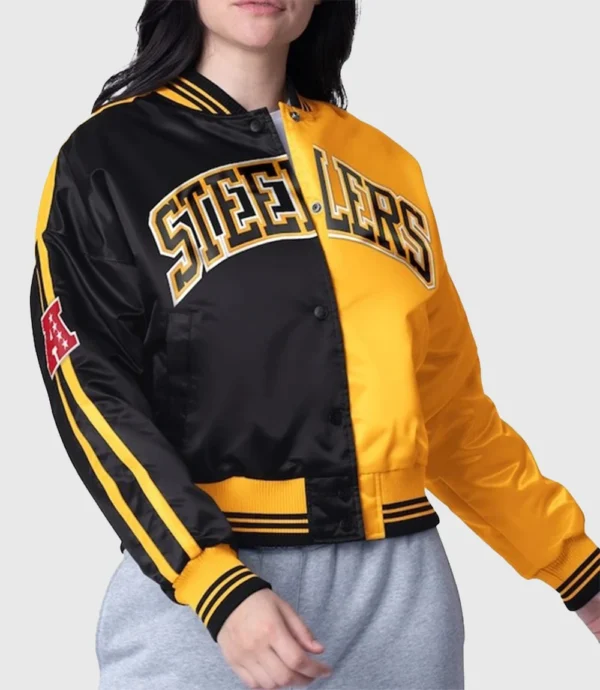 Pittsburgh Steelers Livvy Dunne Cropped Bomber Satin Jacket