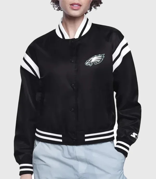 Philadelphia Eagles Starter Cropped Black Varsity Bomber Jacket