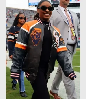 Simone Biles Chicago Bears Black Leather Bomber Varsity Jacket