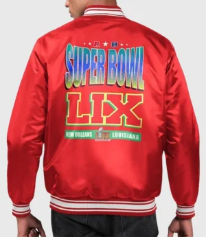 Super Bowl LIX Starter Red Satin Varsity Jacket