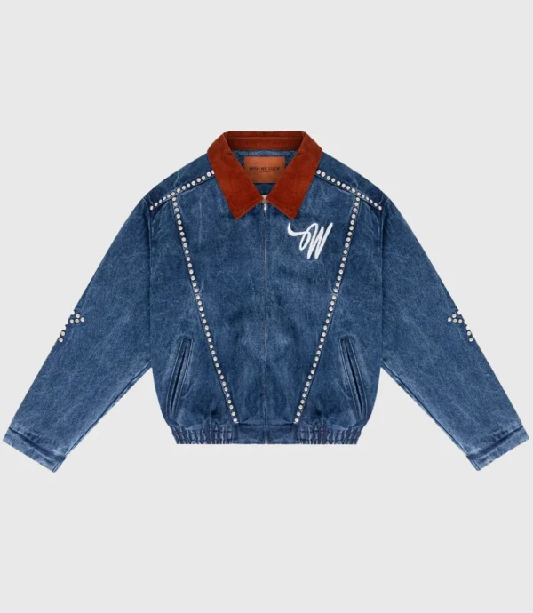 Unisex Wish Me Luck League Studded Denim Blue Bomber Jacket