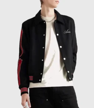 Black And Red AMIRI Bones Twill Wool Varsity Bomber Jacket