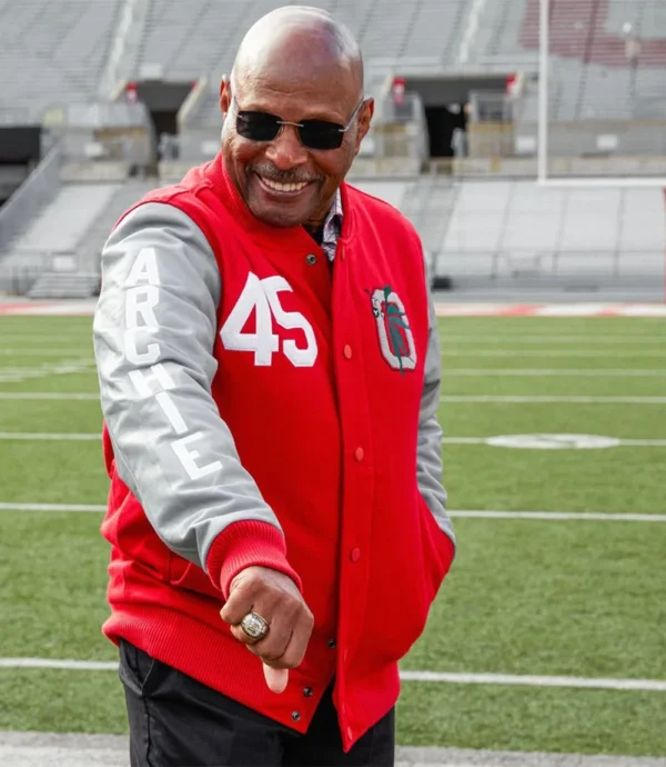 Gray and Red HOMAGE Archie Griffin GOAT Varsity Jacket With Leather Sleeves