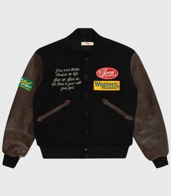 Men And Women Cherry Rodeo Champ Brown And Black Bomber Varsity Jacket