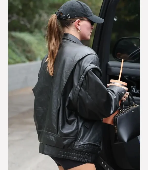 Hailey Bieber Oversize Big Black Leather Jacket