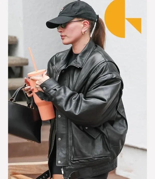 Hailey Bieber Oversized Leather Black Jacket